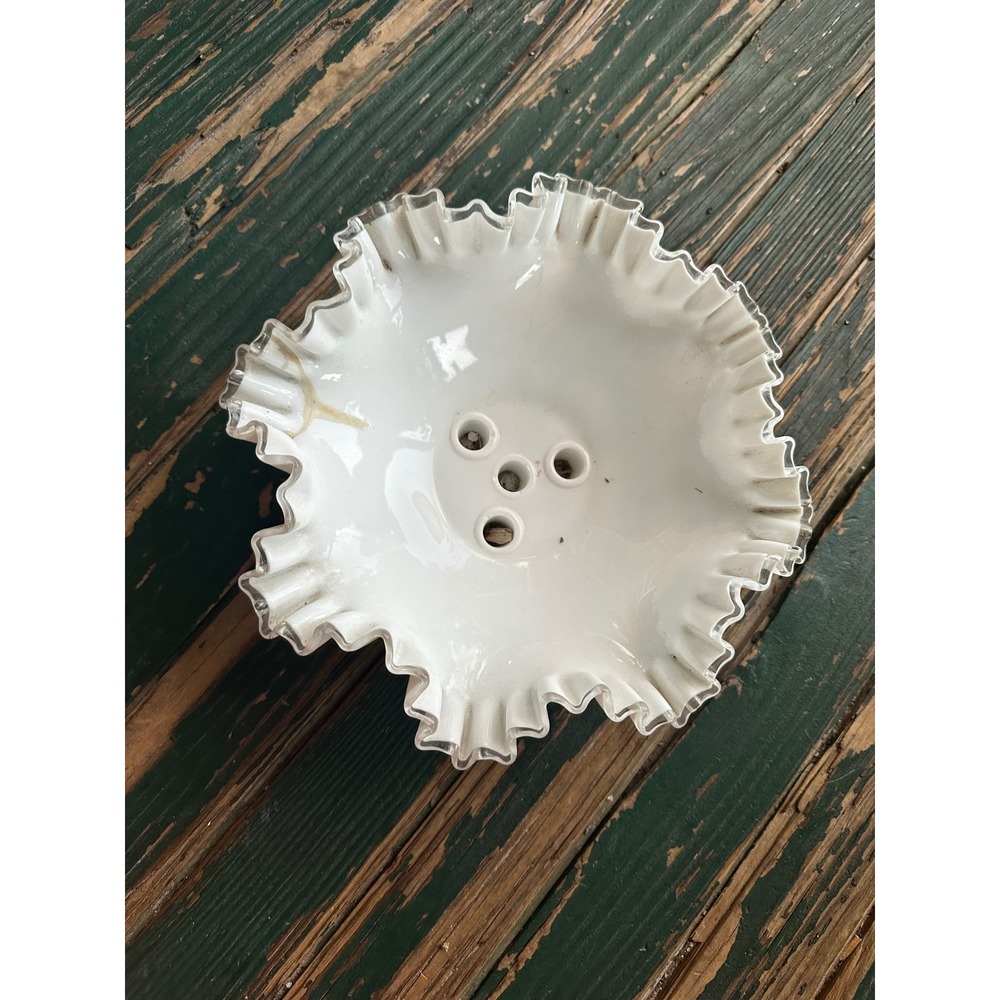 Vintage Fenton White Milk Glass Epergne Base Silver Crest Ruffled 8 inch